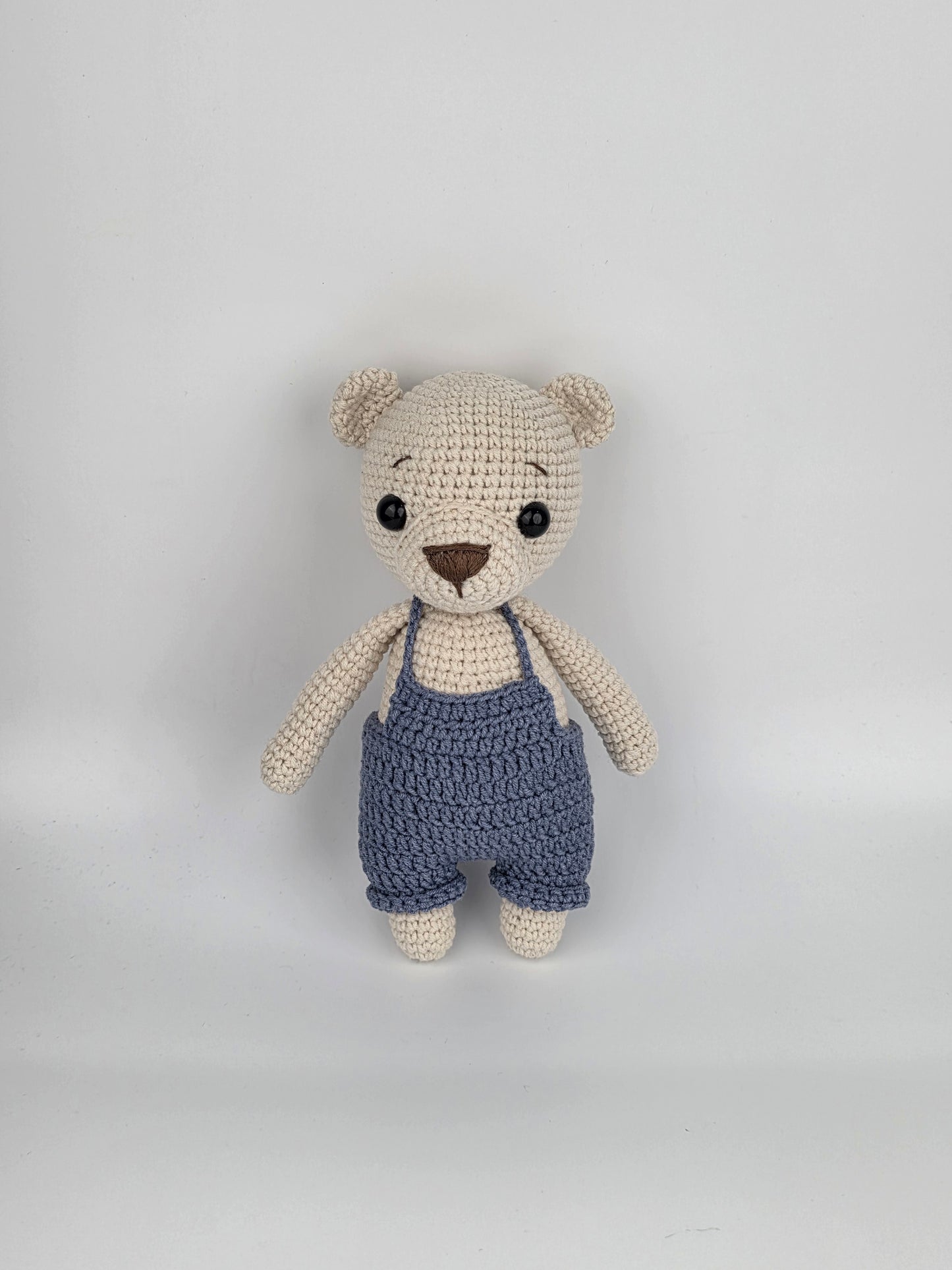 Handmade Crochet Teddy Bear Soft toy - Blue Overalls - Ready to Ship
