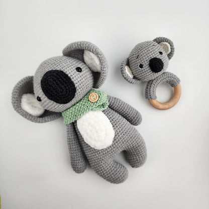 'Cuddles' Koala Bear and Rattle Set - Handmade Crochet Soft Toys - Pre-order