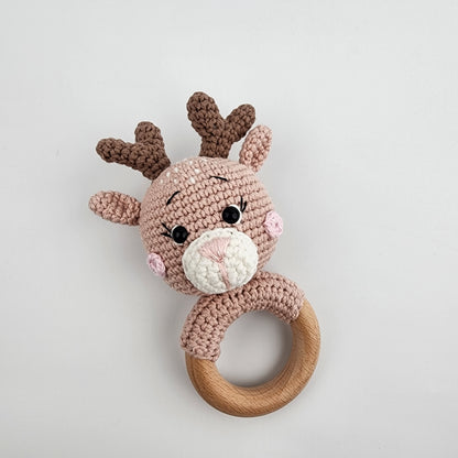 Handmade Crochet Reindeer Baby Teething Rattle