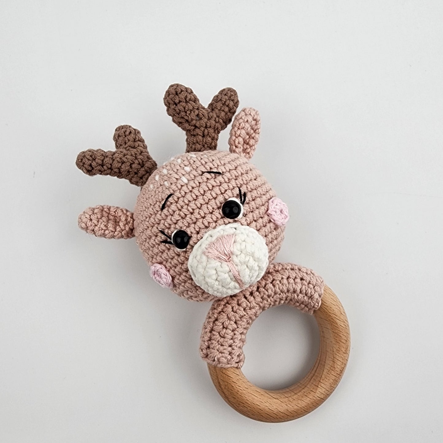 Handmade Crochet Reindeer Baby Teething Rattle