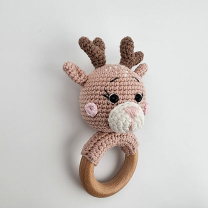 Handmade Crochet Reindeer Baby Teething Rattle