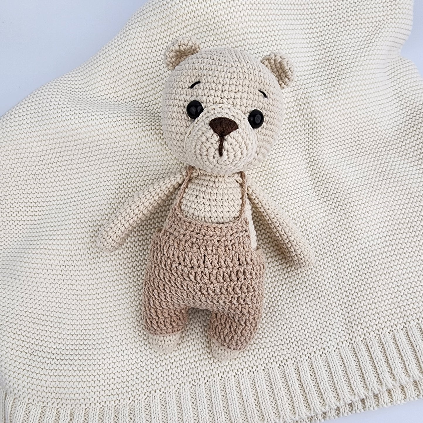 Handmade Crochet Teddy Bear Soft toy - Beige Overalls