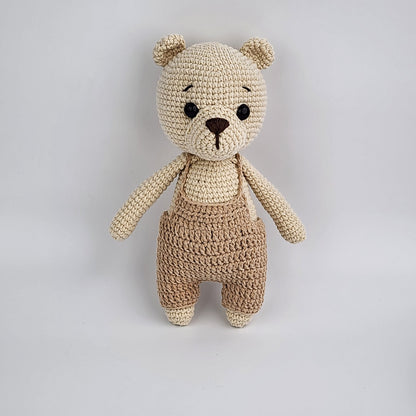 Handmade Crochet Teddy Bear Soft toy - Beige Overalls