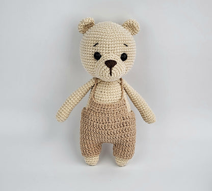 Handmade Crochet Teddy Bear Soft toy - Beige Overalls