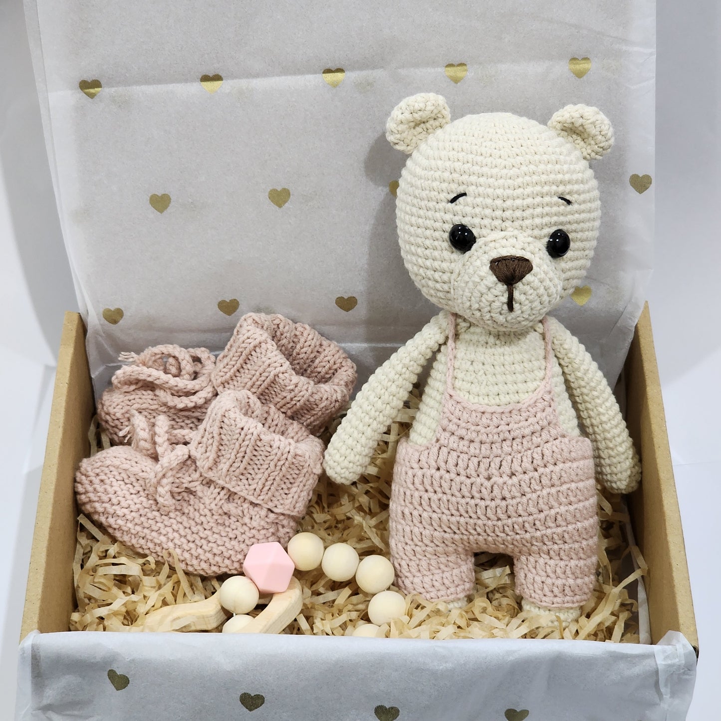 Teddy Bear -  Baby Gift Box Hamper - Powder Pink Overalls - Made to Order