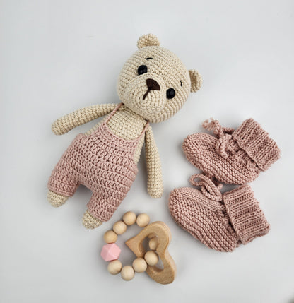 Teddy Bear -  Baby Gift Box Hamper - Powder Pink Overalls - Made to Order