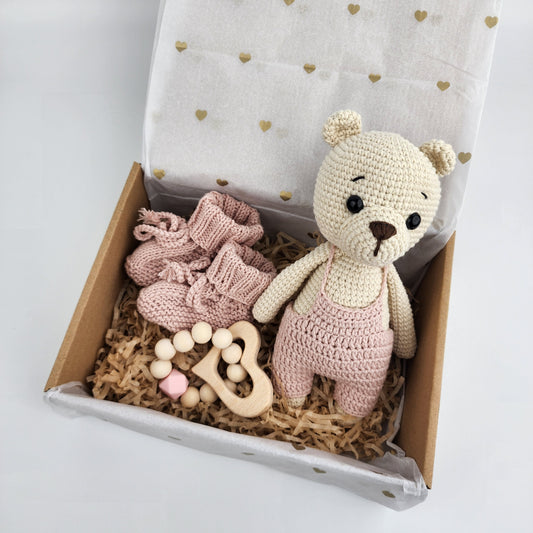 Teddy Bear -  Baby Gift Box Hamper - Powder Pink Overalls - Made to Order