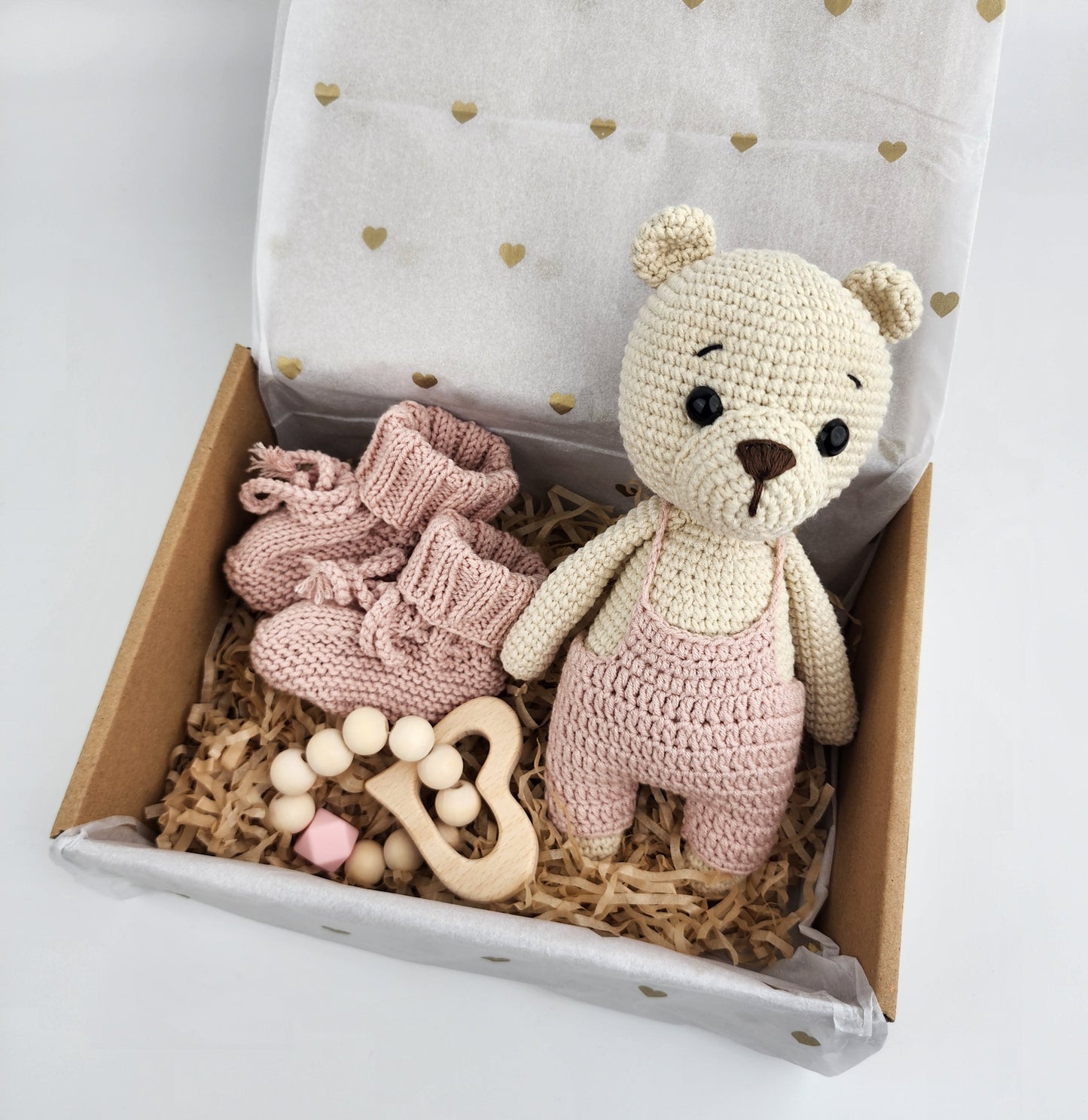 Teddy Bear -  Baby Gift Box Hamper - Powder Pink Overalls - Made to Order