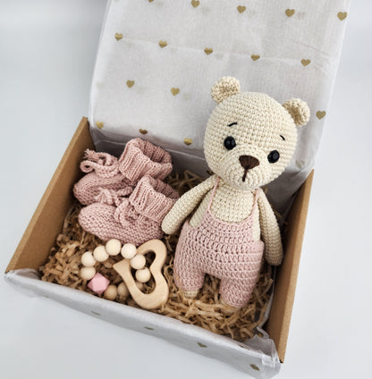 Teddy Bear -  Baby Gift Box Hamper - Powder Pink Overalls - Made to Order