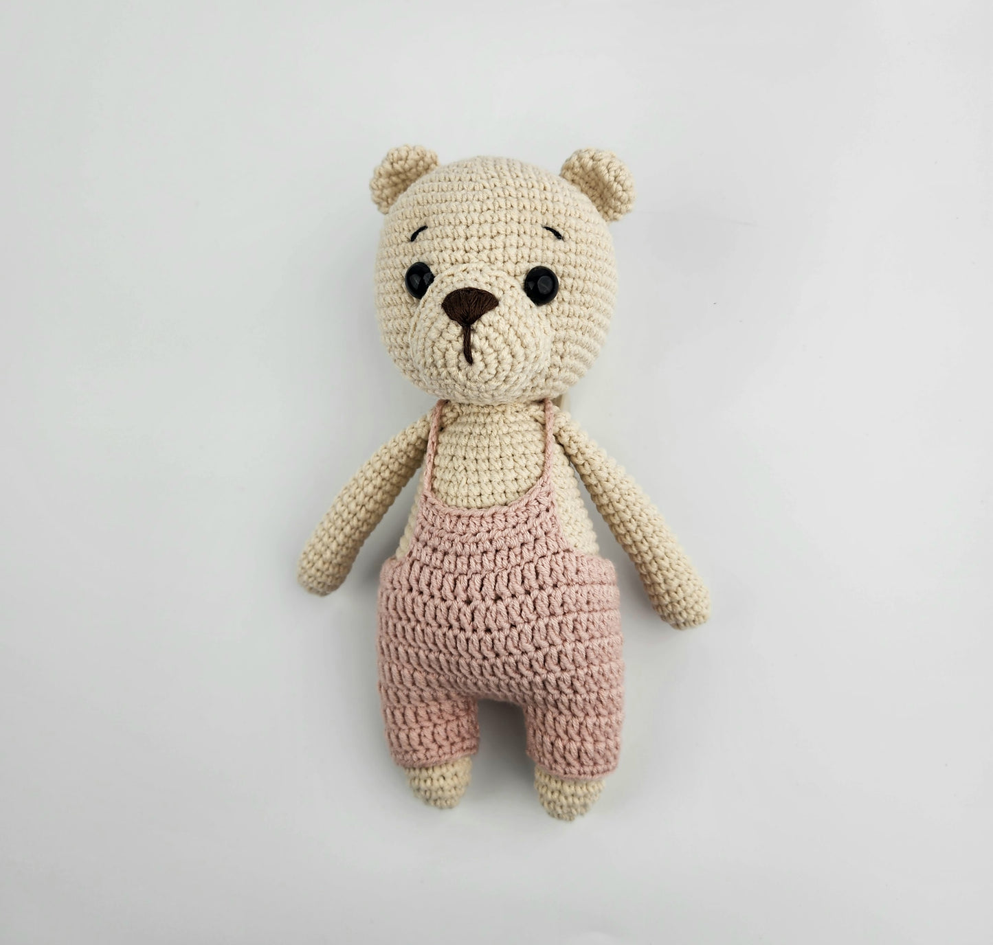 Handmade Crochet Teddy Bear Soft Toy - Powder Pink Overalls