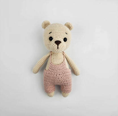 Handmade Crochet Teddy Bear Soft Toy - Powder Pink Overalls