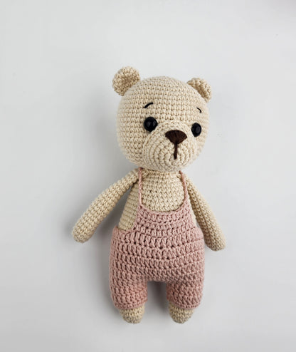 Handmade Crochet Teddy Bear Soft Toy - Powder Pink Overalls