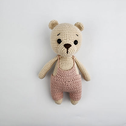 Handmade Crochet Teddy Bear Soft Toy - Powder Pink Overalls