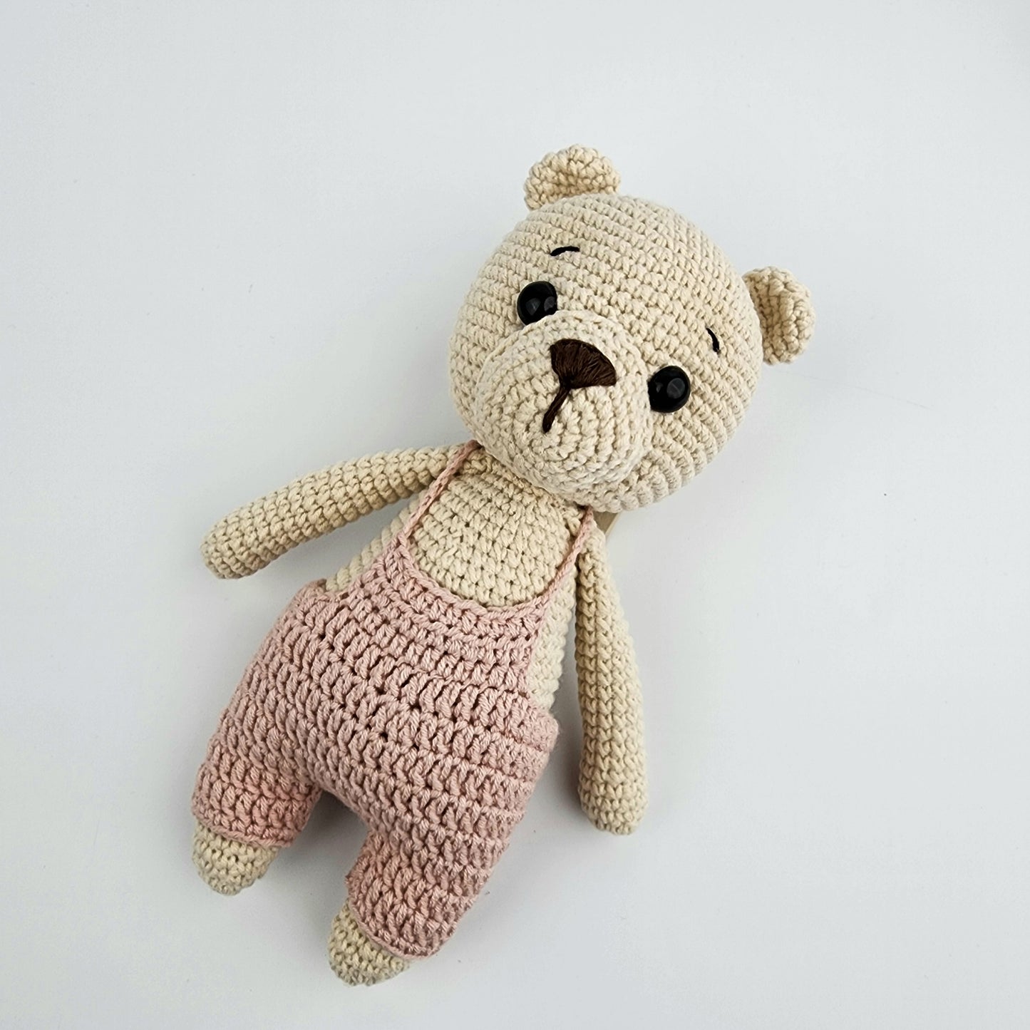 Handmade Crochet Teddy Bear Soft Toy - Powder Pink Overalls