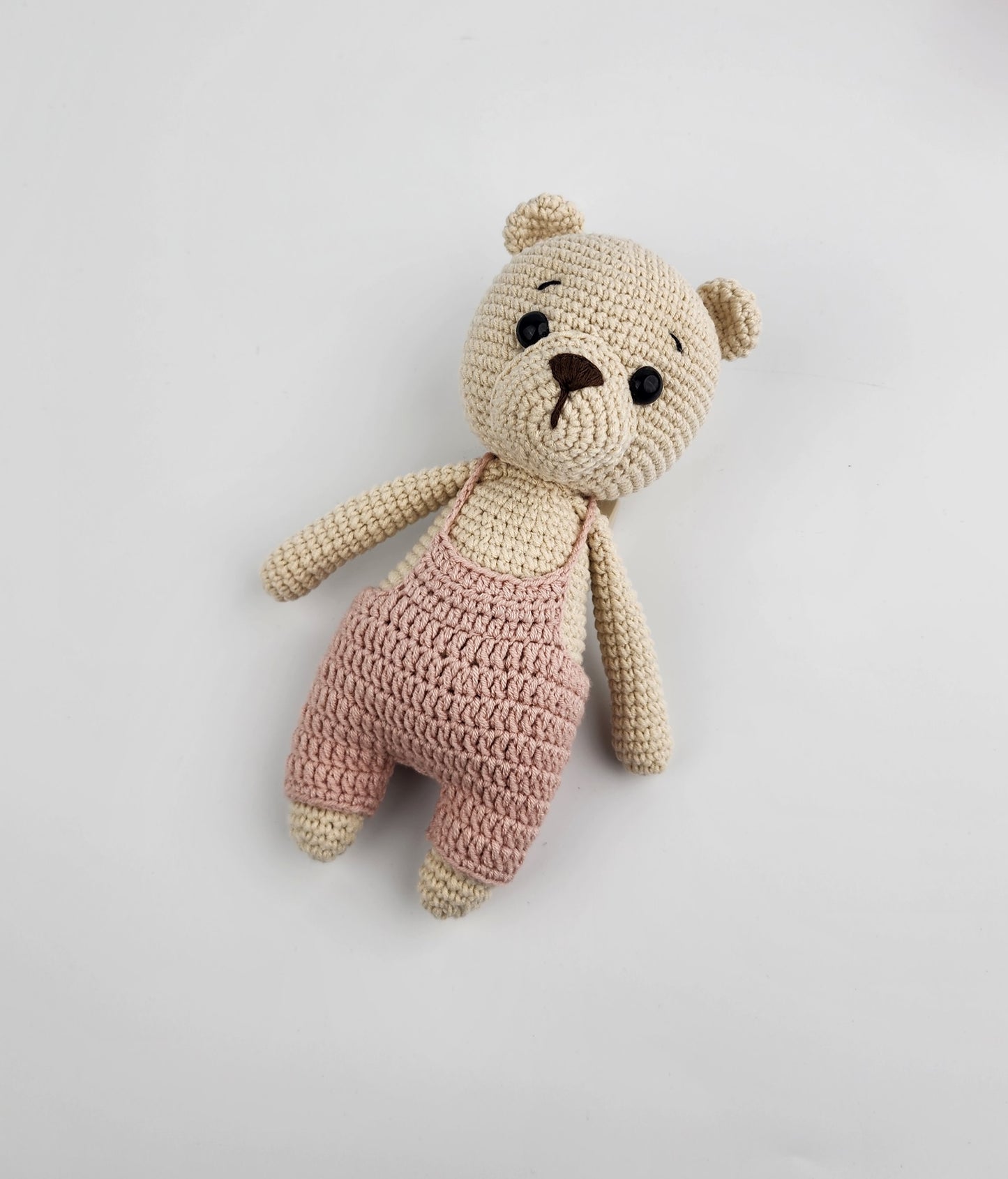 Handmade Crochet Teddy Bear Soft Toy - Powder Pink Overalls