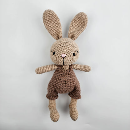 Pre-Order - Handmade Crochet Bunny - Brown Overalls