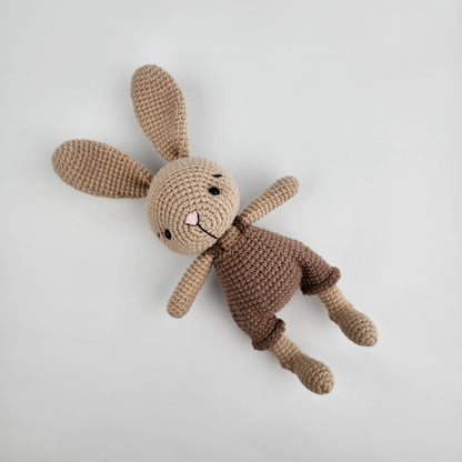 Pre-Order - Handmade Crochet Bunny - Brown Overalls