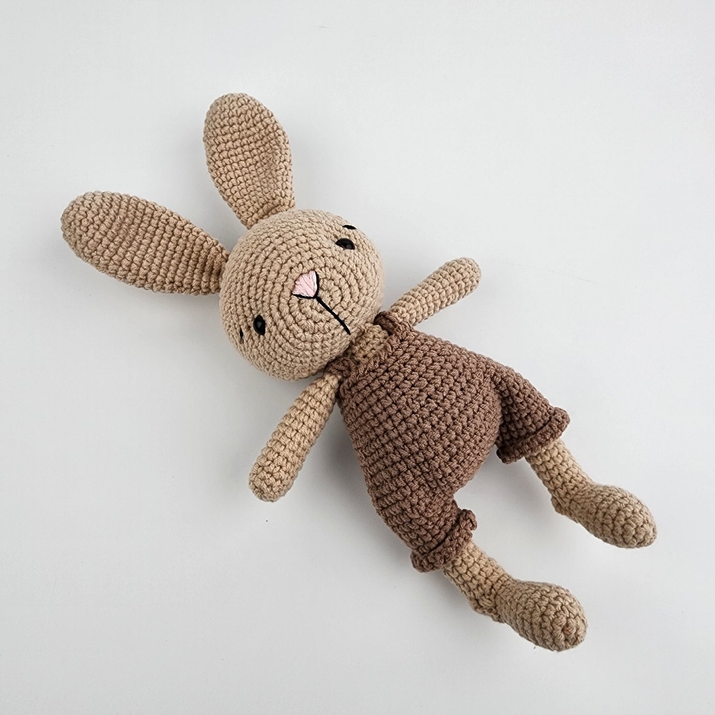 Pre-Order - Handmade Crochet Bunny - Brown Overalls