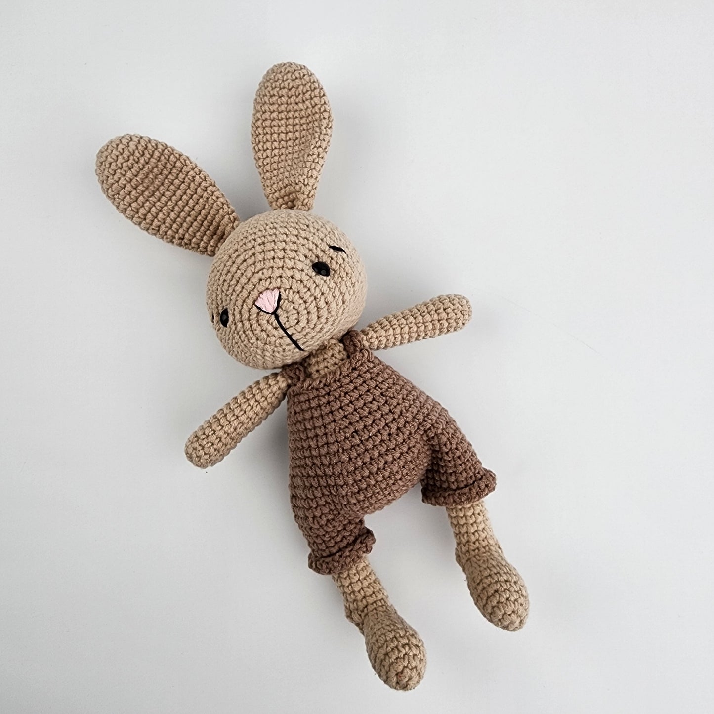 Pre-Order - Handmade Crochet Bunny - Brown Overalls