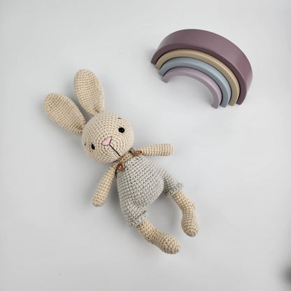 Pre-order - Handmade Crochet Bunny in Grey Overalls