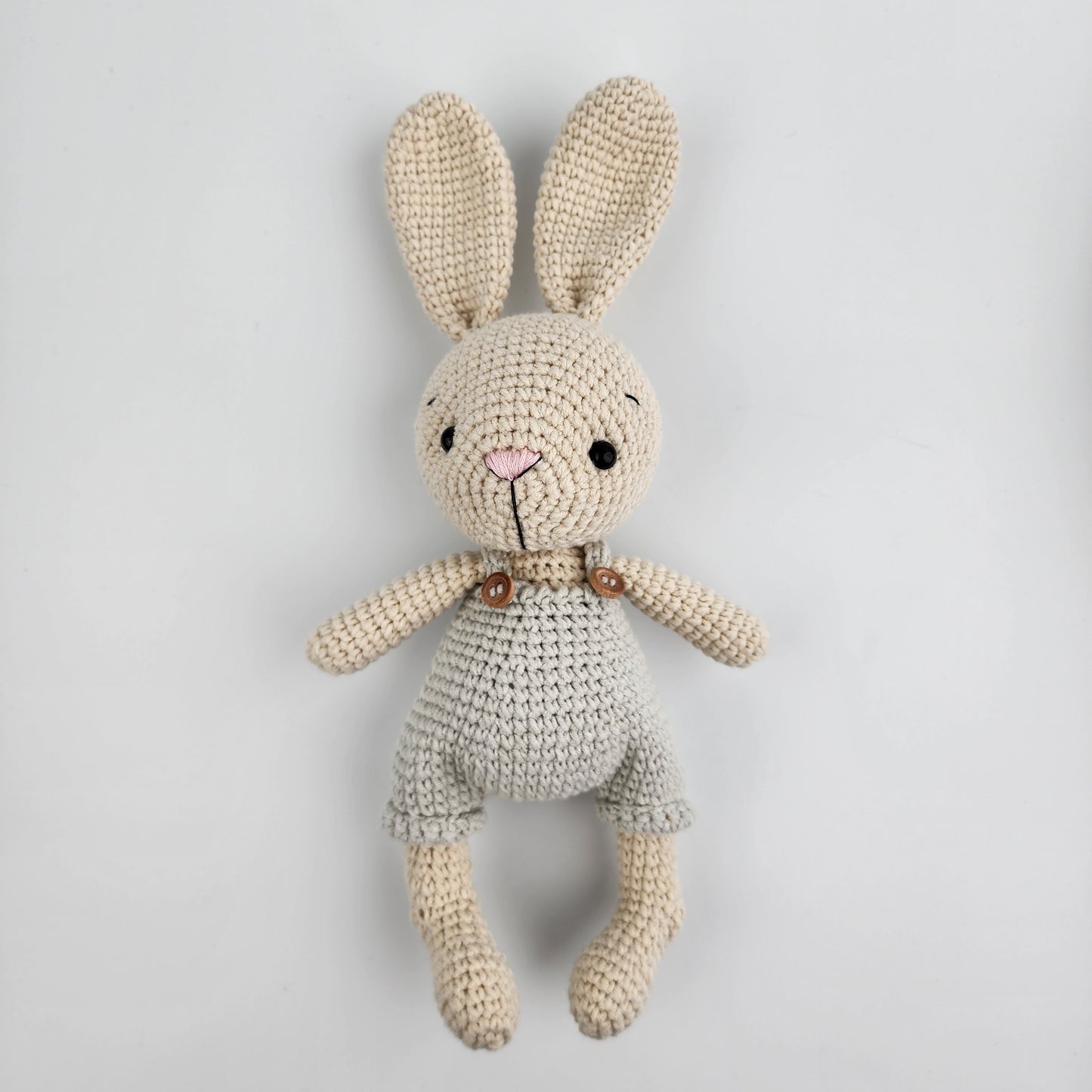 Pre-order - Handmade Crochet Bunny in Grey Overalls