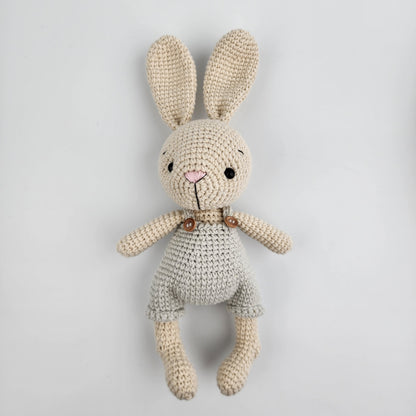 Pre-order - Handmade Crochet Bunny in Grey Overalls