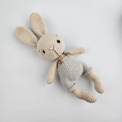 Pre-order - Handmade Crochet Bunny in Grey Overalls