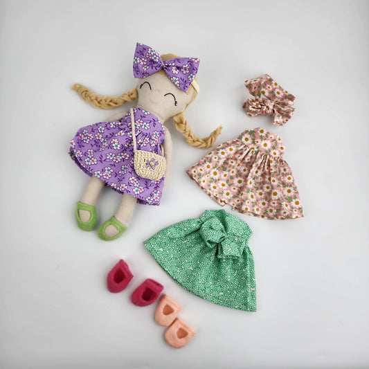 BUNDLE 'Chloe' - 27cm Handmade Cloth Doll + two extra outfits