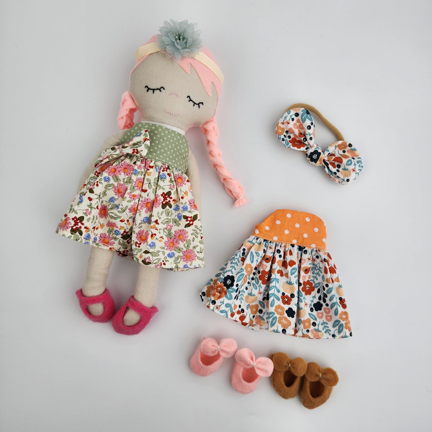 BUNDLE 'Bella'- 27cm Handmade Cloth Doll + pyjamas + an extra dress and 2 pairs of shoes