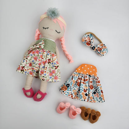 BUNDLE 'Bella'- 27cm Handmade Cloth Doll + pyjamas + an extra dress and 2 pairs of shoes