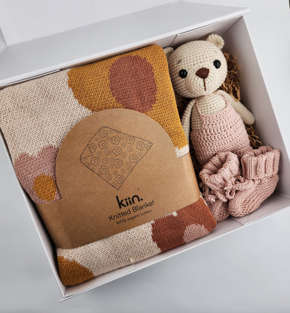 Blanket Gift Box Hamper - Includes a Handmade Crochet Bear and Booties