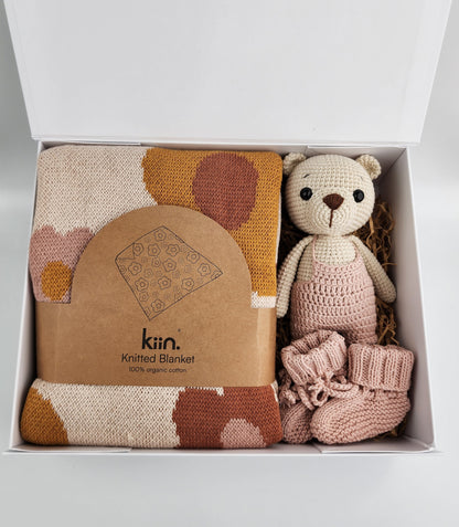 Blanket Gift Box Hamper - Includes a Handmade Crochet Bear and Booties