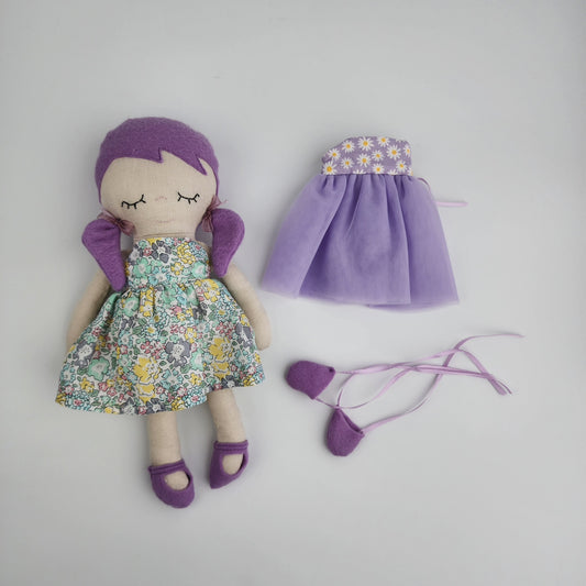 BUNDLE 'Violet'- 27cm Handmade Cloth Doll + purple ballerina dress and shoes outfit