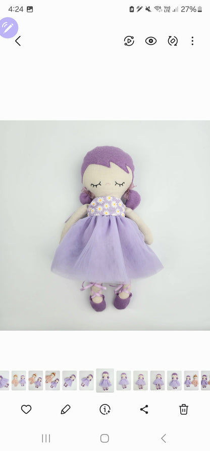 BUNDLE 'Violet'- 27cm Handmade Cloth Doll + purple ballerina dress and shoes outfit