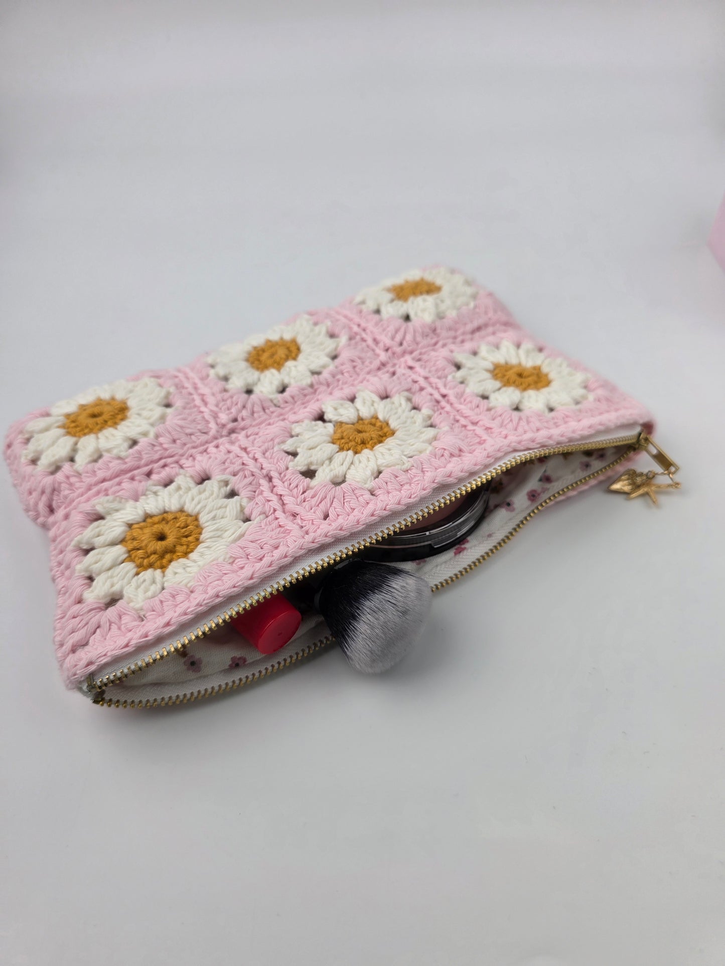 Crochet Pink Daisy 'Granny Square' Pouch / Make-up Bag - Handmade - Pre-Order