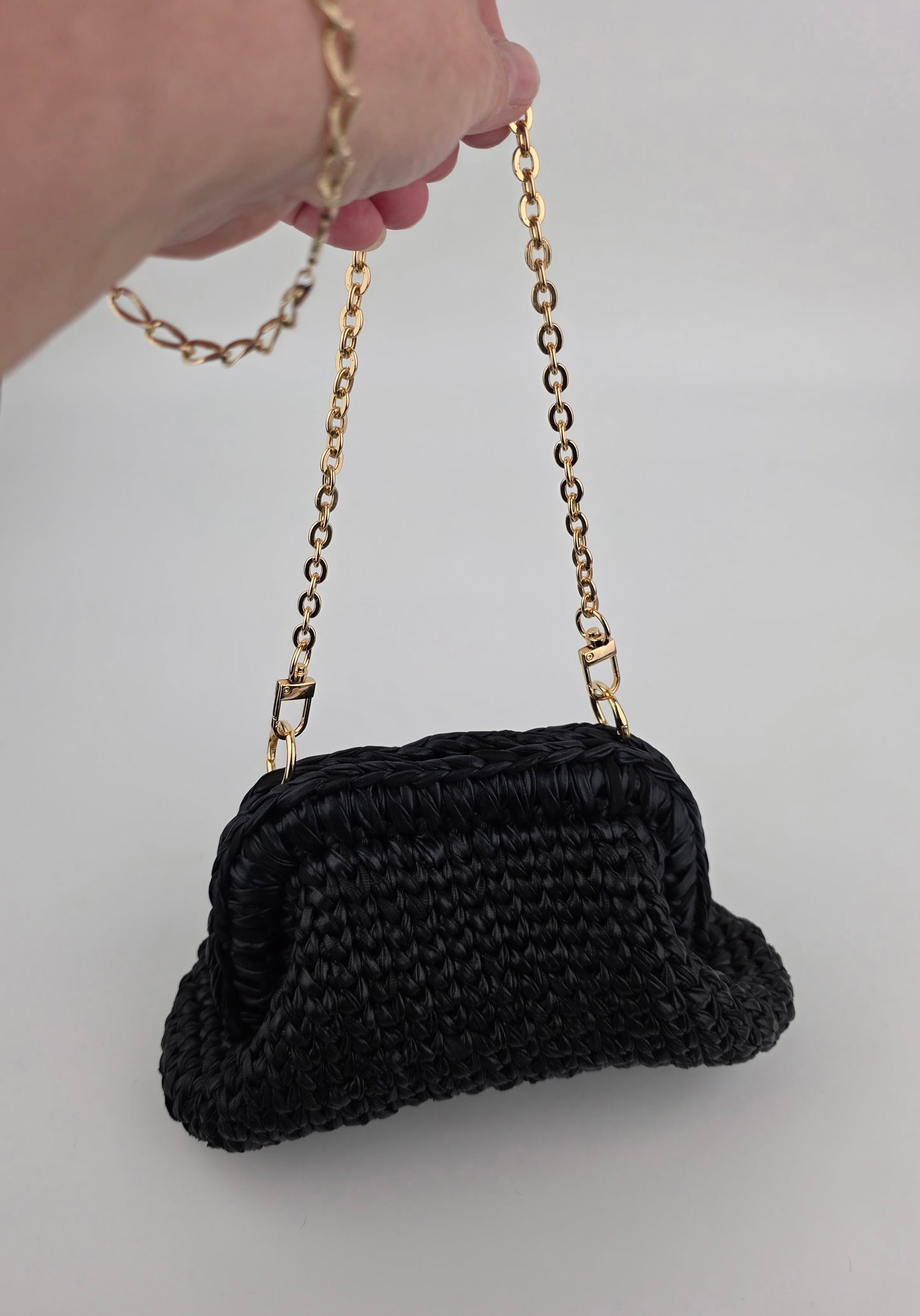 'Ebony' Crochet Clutch Handbag, Handmade, Leather Look - Ready to Ship