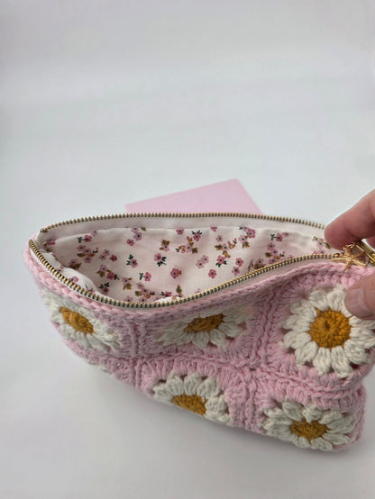 Crochet Pink Daisy 'Granny Square' Pouch / Make-up Bag - Handmade - Pre-Order