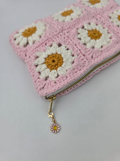 Crochet Pink Daisy 'Granny Square' Pouch / Make-up Bag - Handmade - Pre-Order