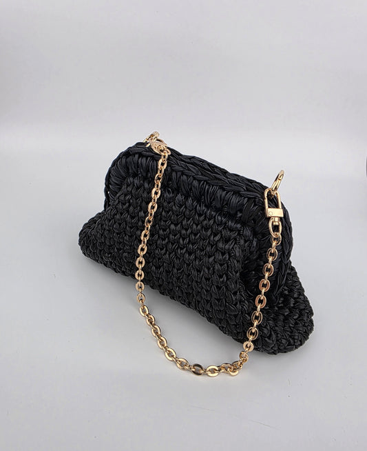 'Ebony' Crochet Clutch Handbag, Handmade, Leather Look - Ready to Ship