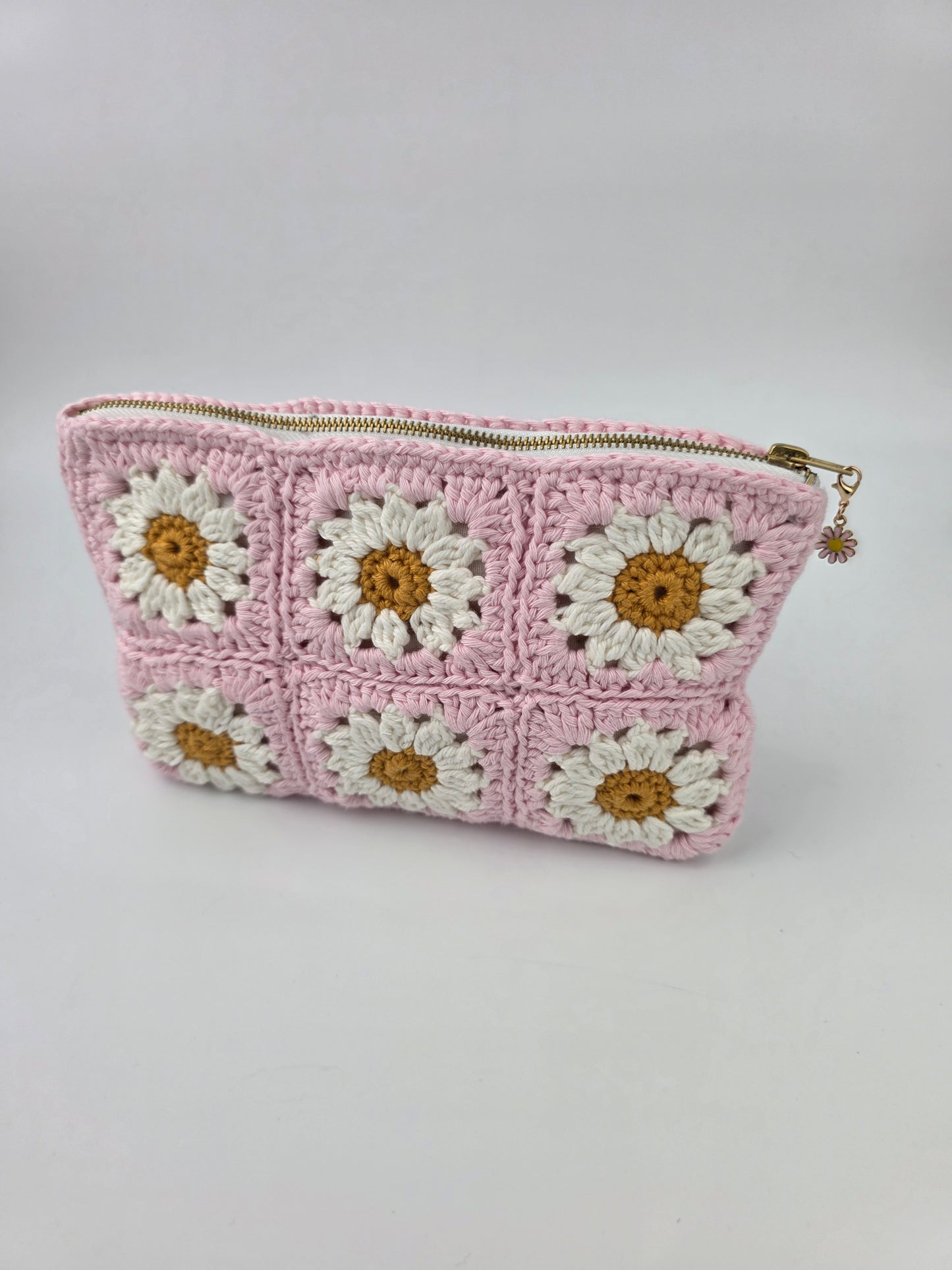 Crochet Pink Daisy 'Granny Square' Pouch / Make-up Bag - Handmade - Pre-Order