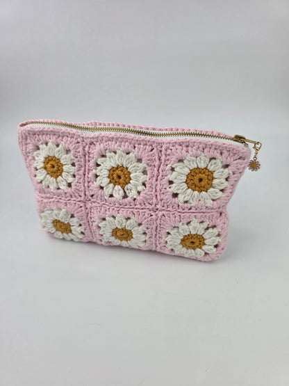 Crochet Pink Daisy 'Granny Square' Pouch / Make-up Bag - Handmade - Pre-Order