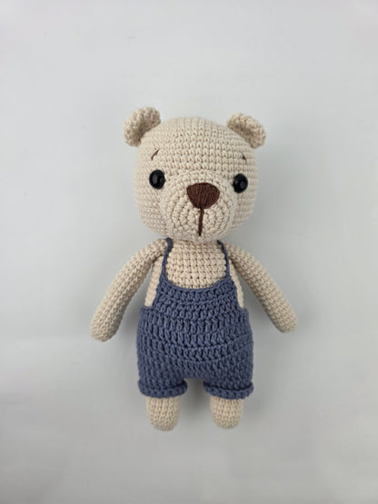 Handmade Crochet Teddy Bear Soft toy - Blue Overalls