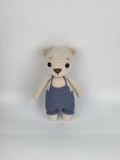 Handmade Crochet Teddy Bear Soft toy - Blue Overalls - Ready to Ship