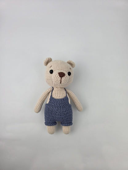 Handmade Crochet Teddy Bear Soft toy - Blue Overalls