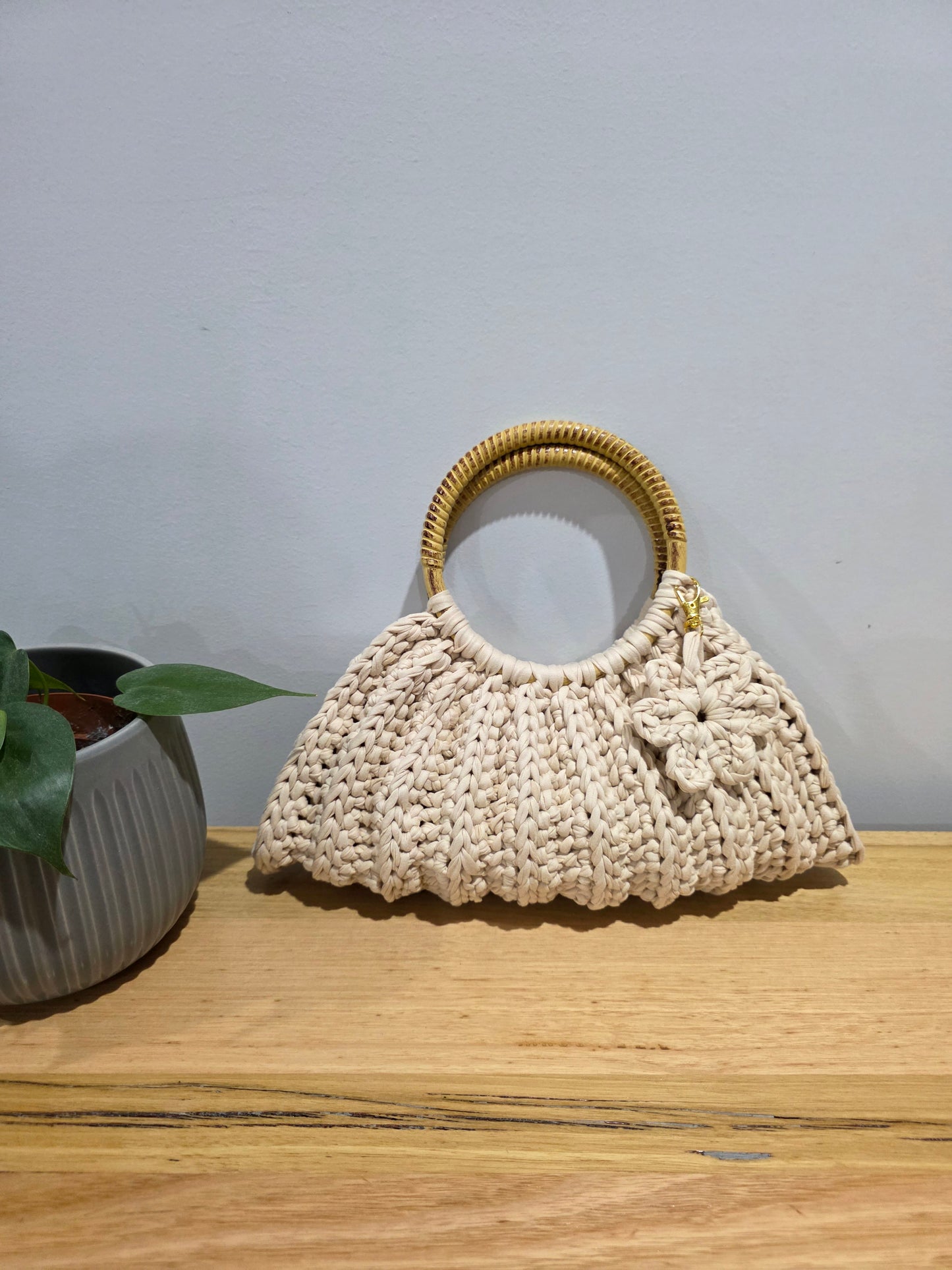 'Sally' Crochet Bag With Wooden Handles Handmade - Ready to Ship
