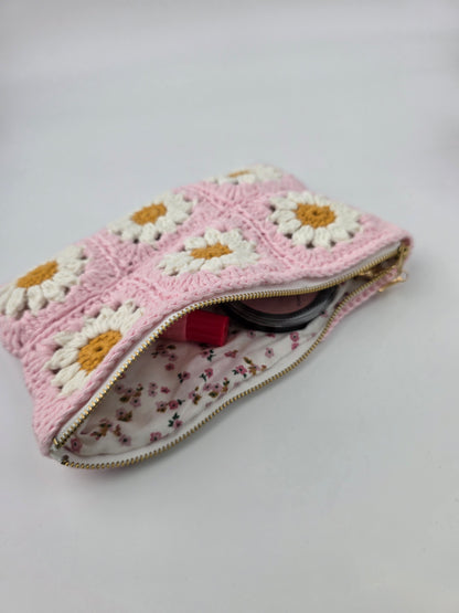 Crochet Pink Daisy 'Granny Square' Pouch / Make-up Bag - Handmade - Pre-Order