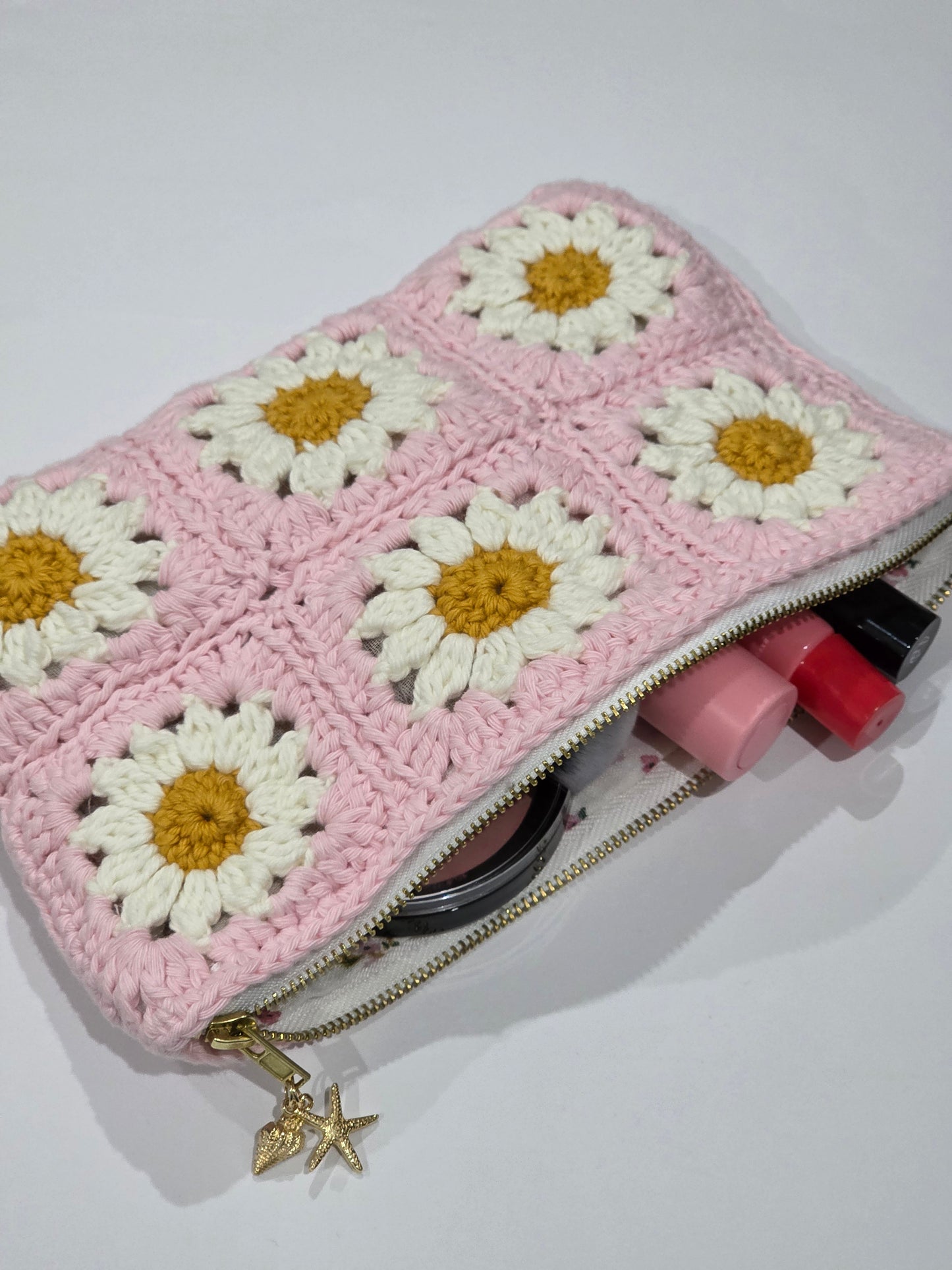 Crochet Pink Daisy 'Granny Square' Pouch / Make-up Bag - Handmade - Pre-Order