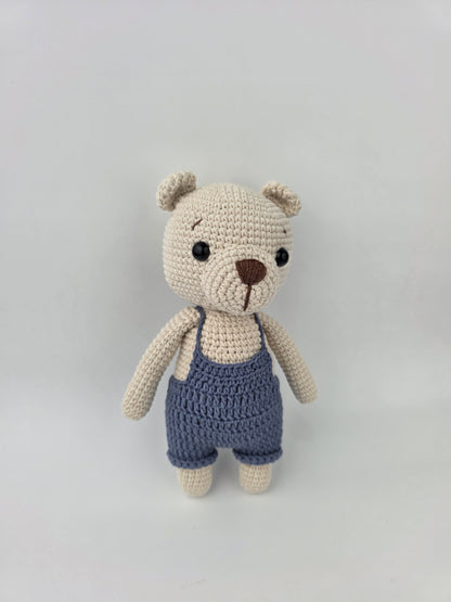Handmade Crochet Teddy Bear Soft toy - Blue Overalls
