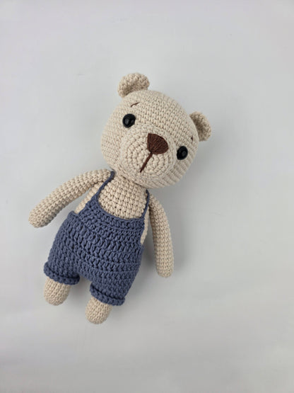 Handmade Crochet Teddy Bear Soft toy - Blue Overalls