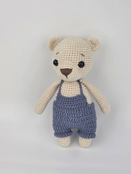 Handmade Crochet Teddy Bear Soft toy - Blue Overalls - Ready to Ship